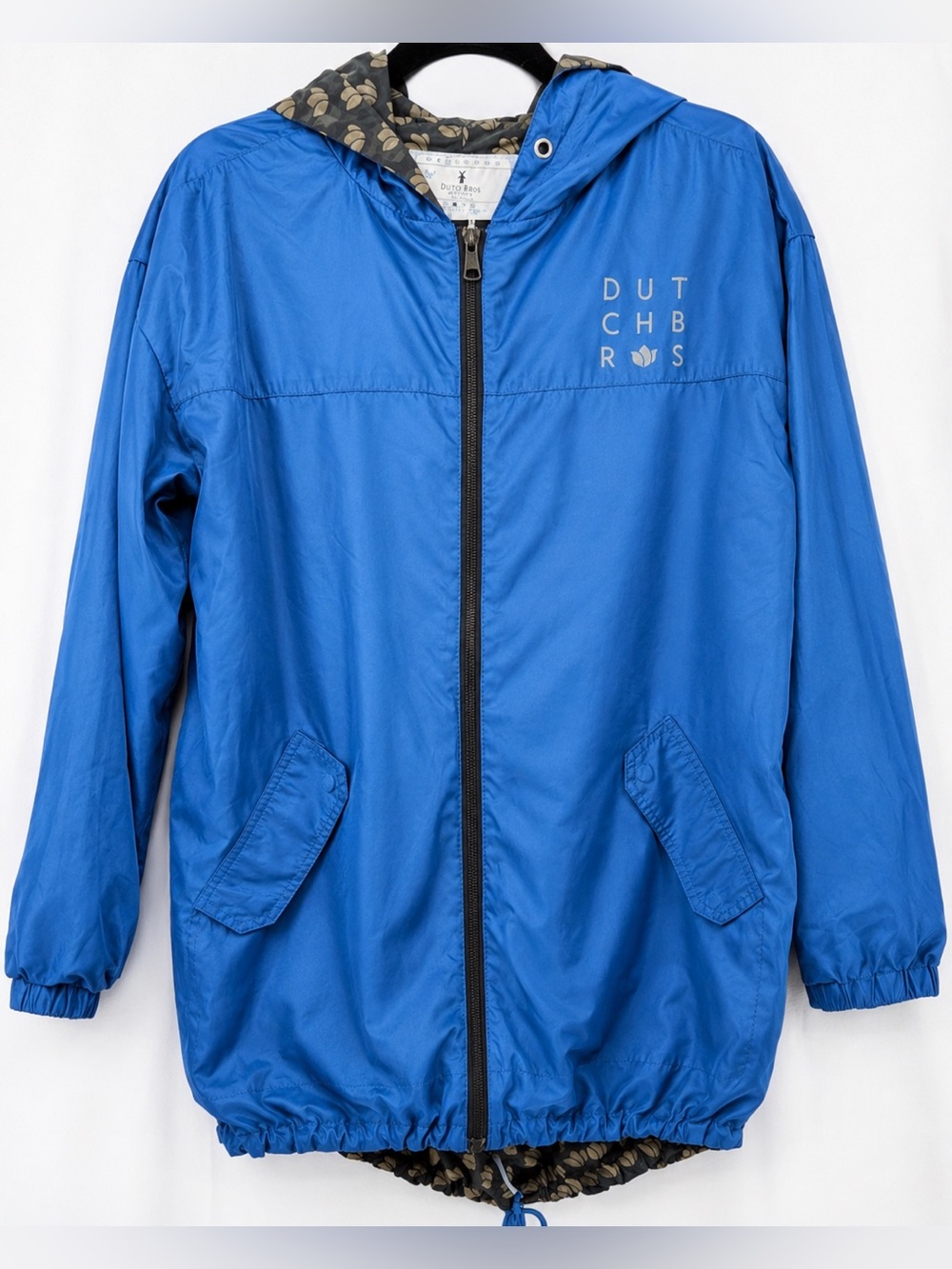 Dutch Bros Blue Hooded Raincoat with Printed Tulip Lining Size Medium